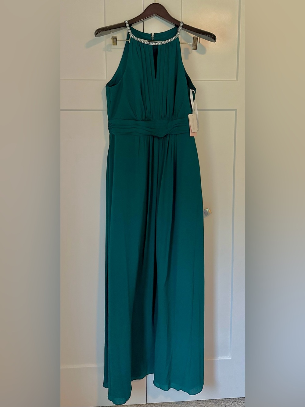 David’s Bridal Oleg Cassini‎ Teal Halter Maxi Dress with Rhinestone Neckline